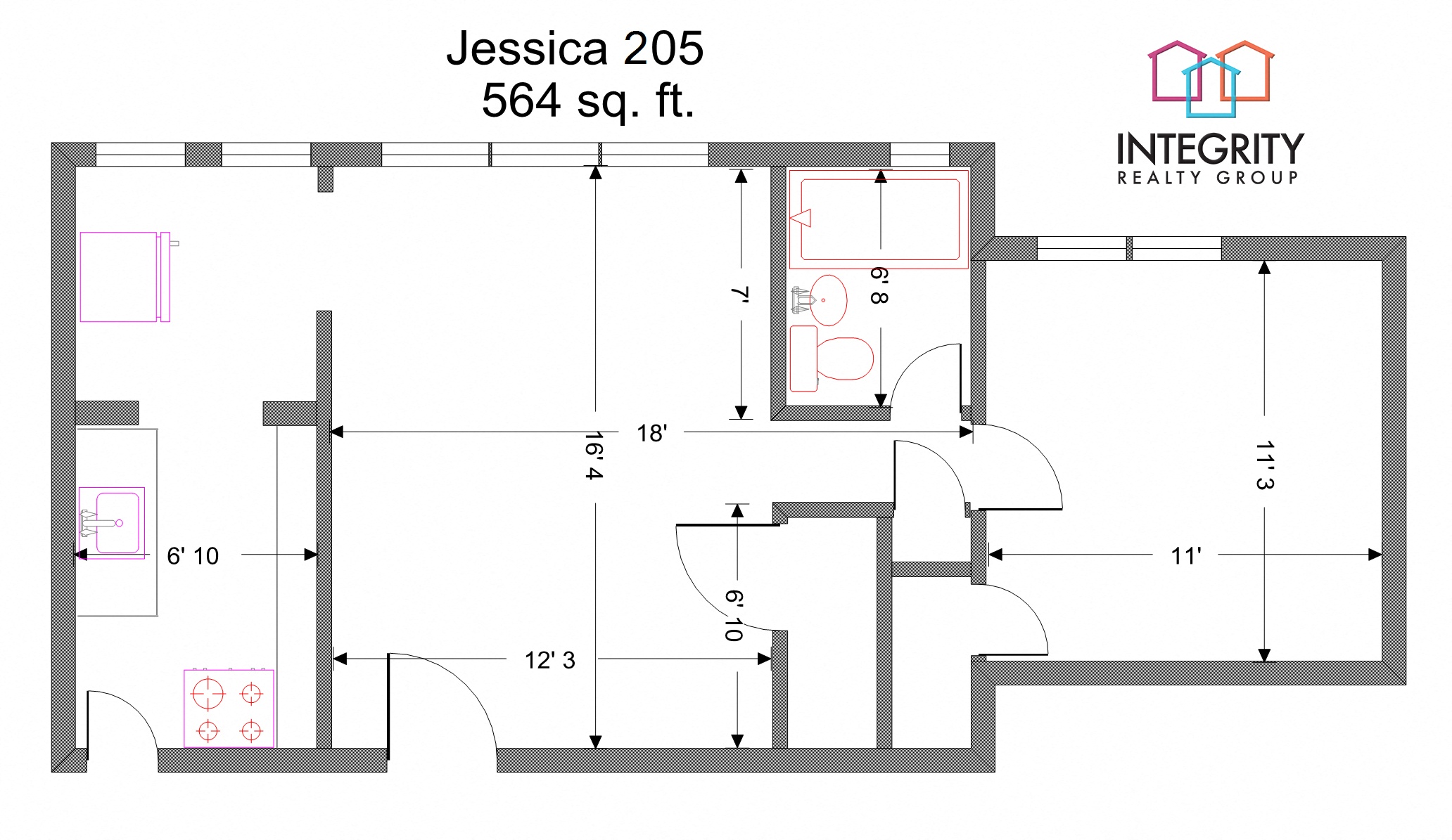 Floor plan layout diagram for Jessica 1 Bedroom 1 Bath A